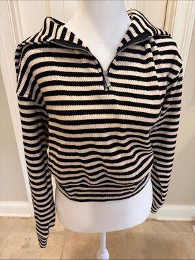 Madewell Black & Cream Striped Half-Zip Sweater